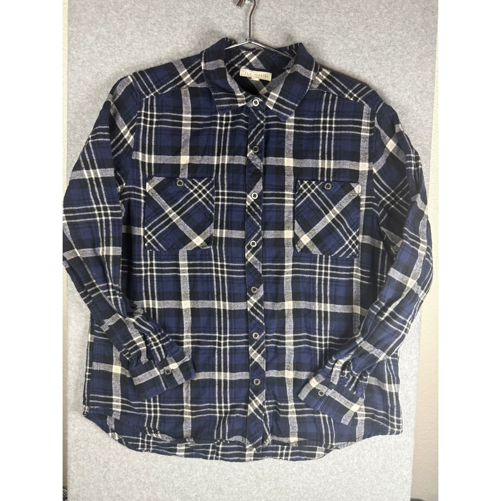 LA Hearts Blue Plaid Flannel Button Down Shirt Long Sleeve Pockets Large